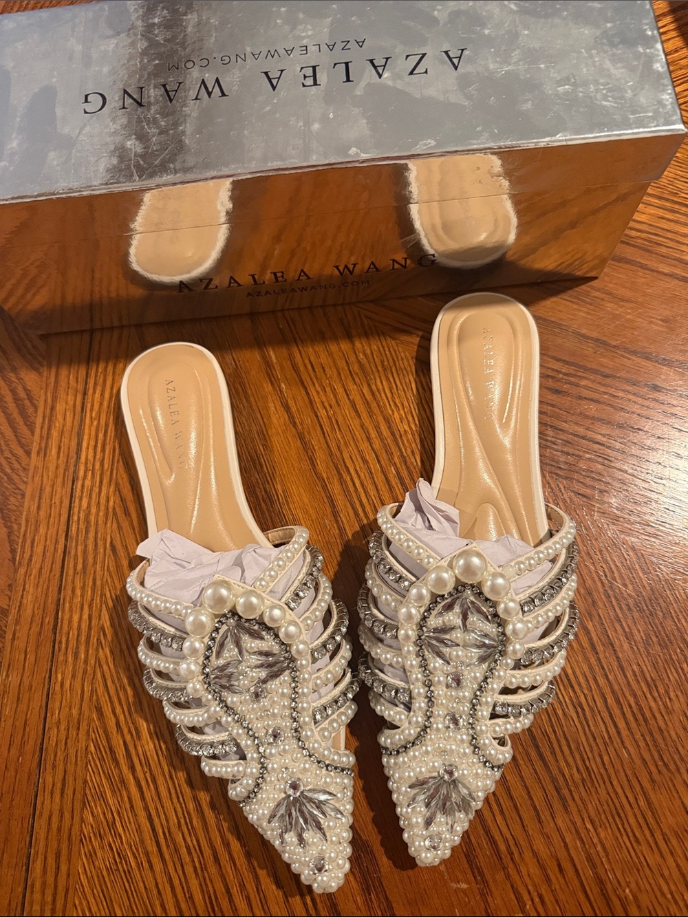 Azaela Wang White Pearl-Embellished Pointed Toe Mule